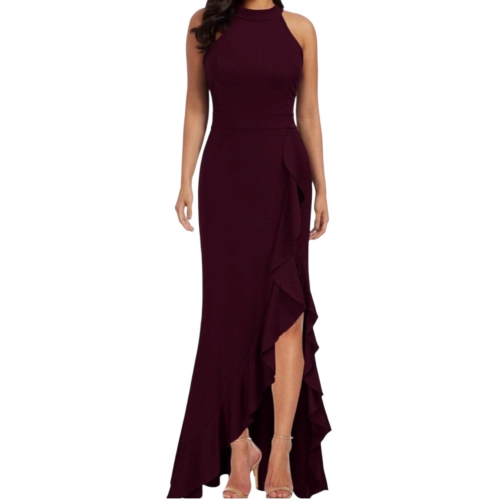 High Neck Sleeveless Burgundy Ruffle Hem Maxi Gown Size L